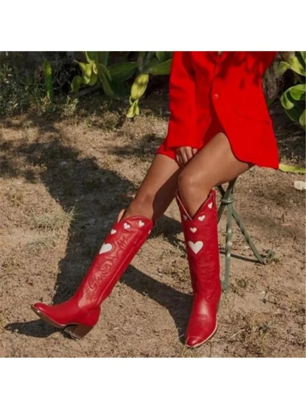 Knee High Boots for Women Heart Embroidered Western Boots Round Toe